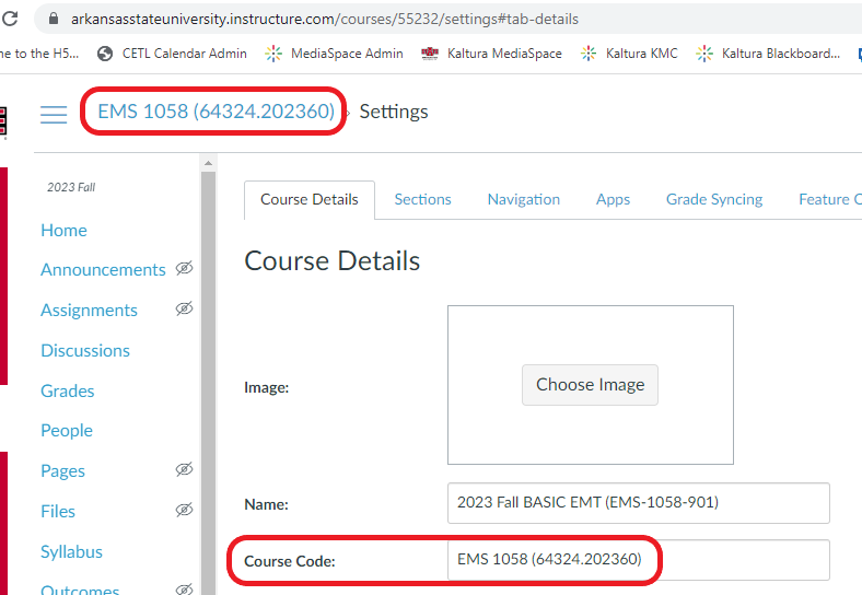 Location of the Course Code field on the Course Details page and in the Course Breadcrumb list